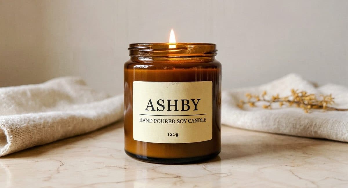 Ashby, Soy candle styled in warm window light with dried botanicals, cosy lifestyle hero