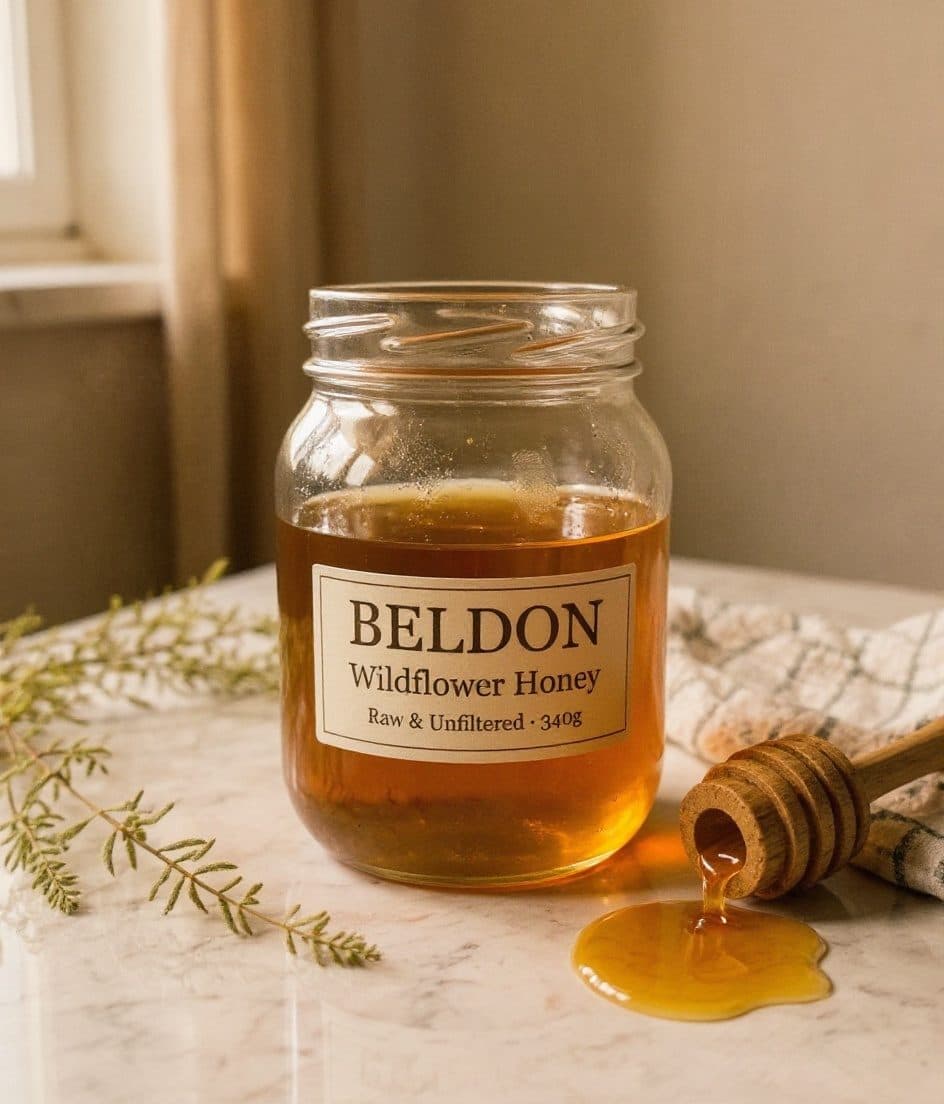 Beldon, Gourmet jar styled on linen with props and soft kitchen blur, honest small-batch feel