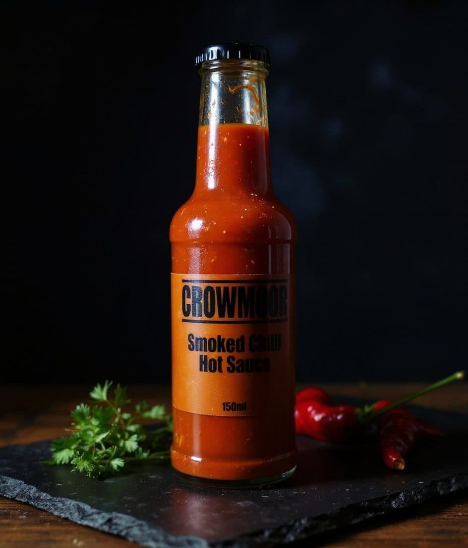 Crowmoor, Premium food product on rustic stone with golden backlight and a herb sprig