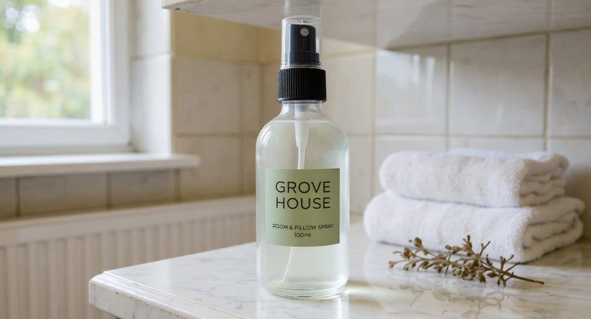 Grove House, Tumbler candle with botanical lid, eucalyptus and petals on soft linen