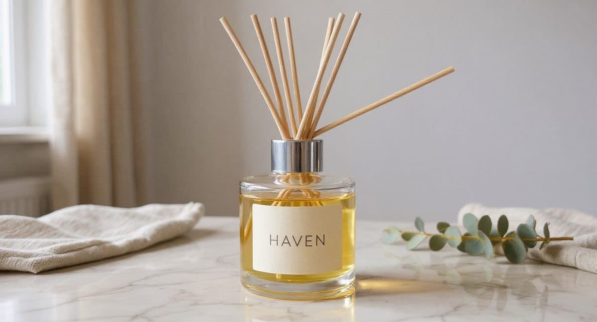 Haven, Amber-glass candle with a soft flame glow on styled linen, warm and inviting