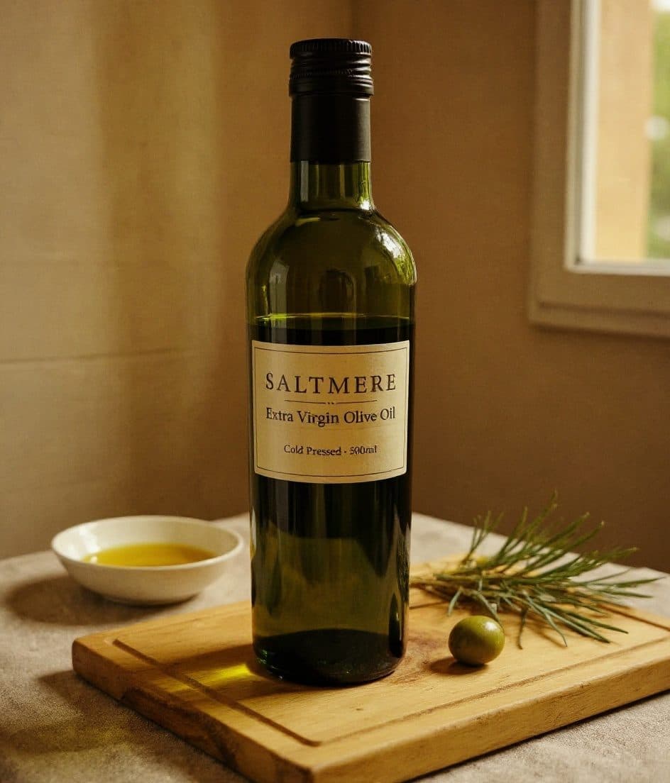 Saltmere, Hand-labelled bottle styled with twine and natural props, premium artisan signal