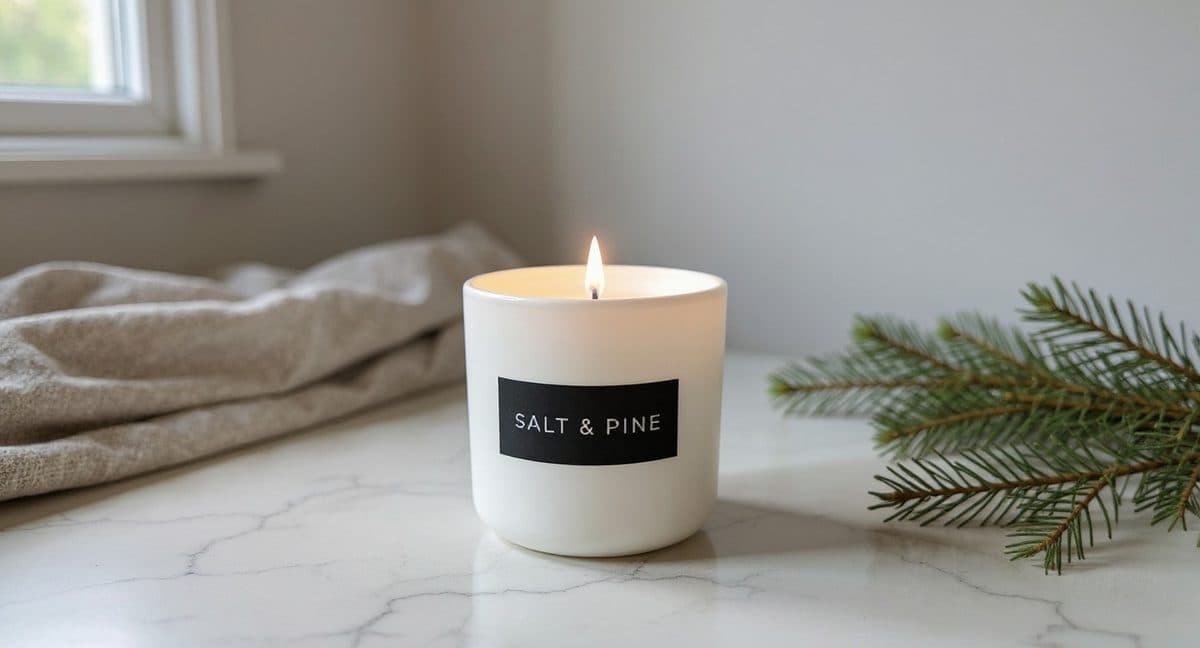 Salt & Pine, Natural-wax candle styled with foraged greenery and warm side light